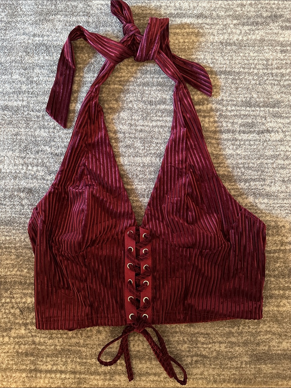 NWT Verdusa Halter Lace-Up Velvet Crop Top - Wine Red